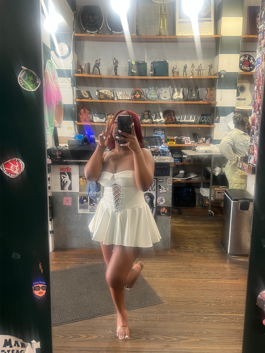 Customer photo review of Allison Faux Leather Corset Flare Mini Dress
