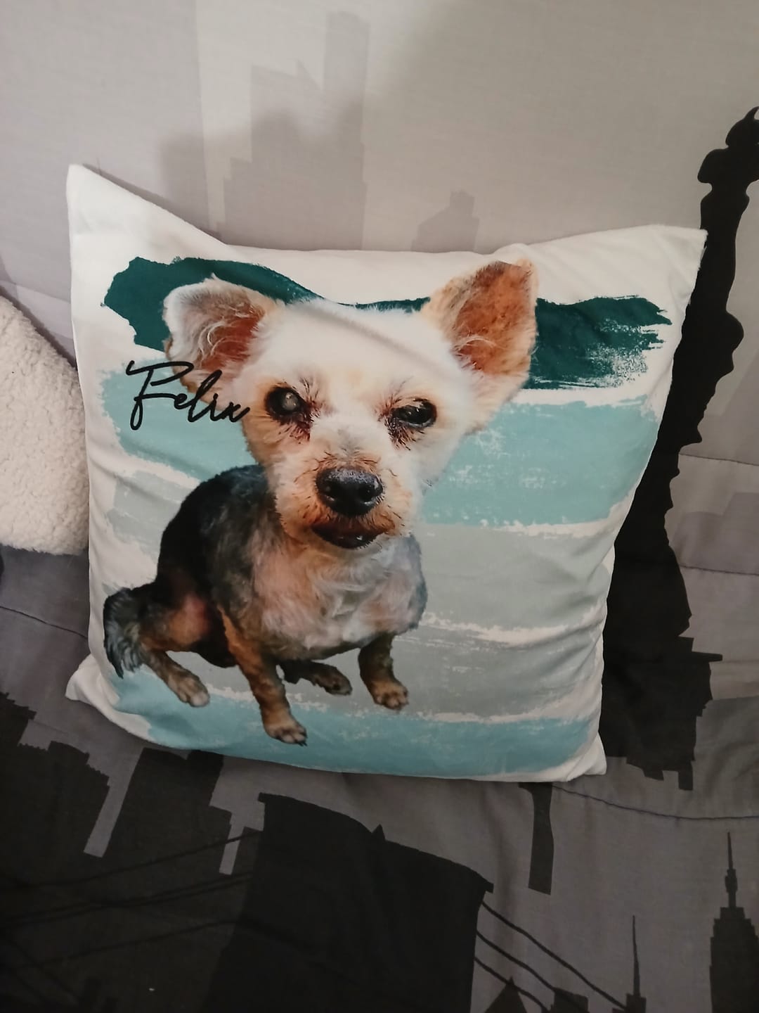 Customer photo review of Photo avec rayures aquarelles - Coussin personnalisé