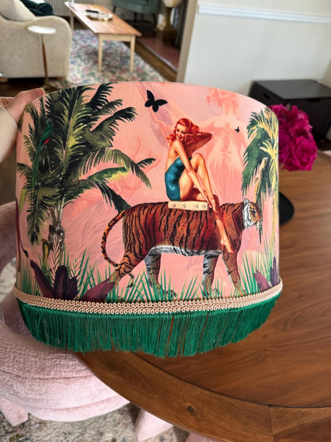 Customer photo review of Jungle Walk Pink Fringed Drum Lampshade