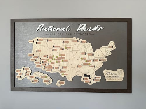 Customer photo review of US Wooden National Parks Travel Map With Trees To Record Park Visits (Light Grey)