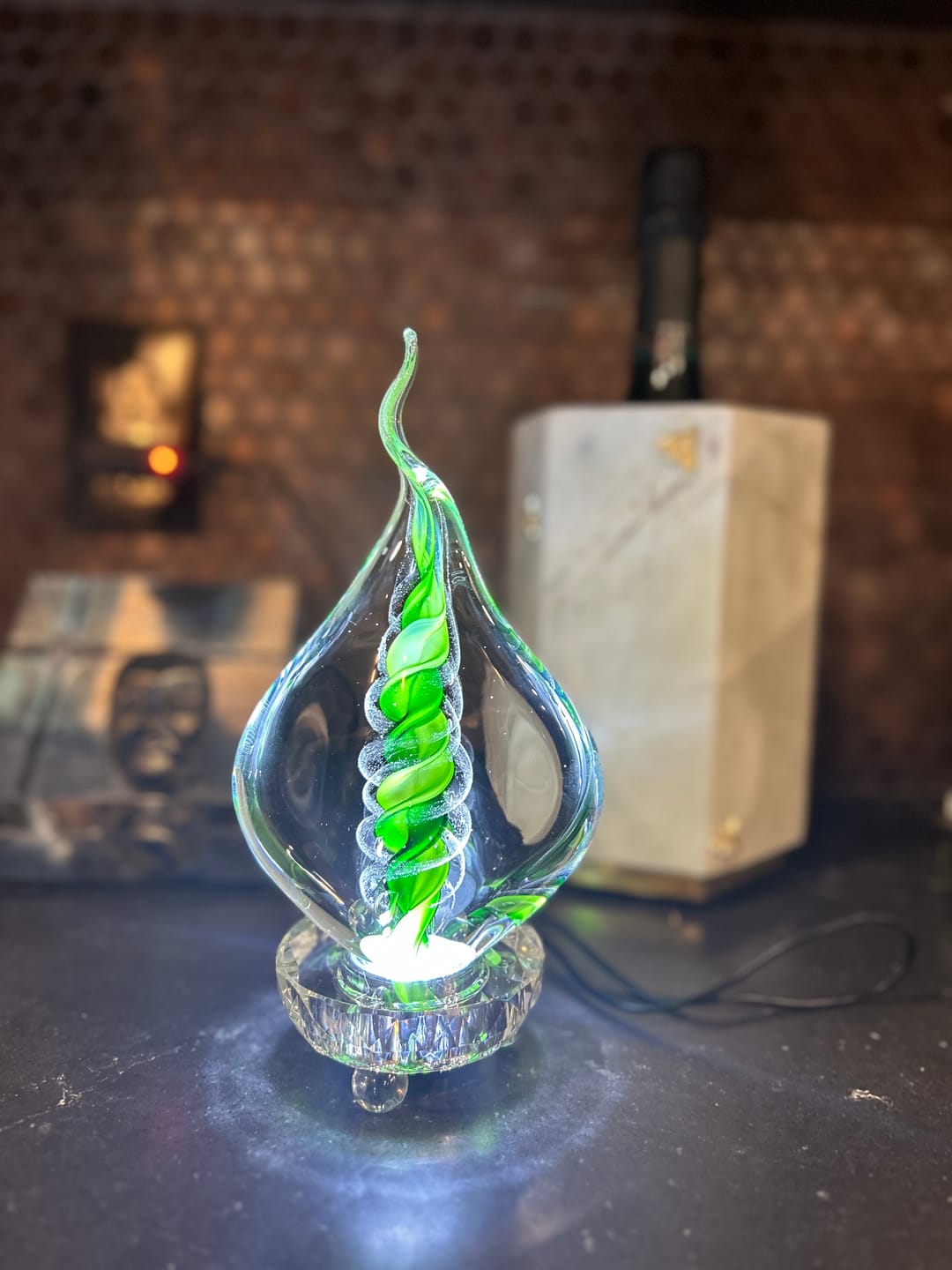 Customer photo review of Illuminated Memorial Glass Flame with Cremation Ashes
