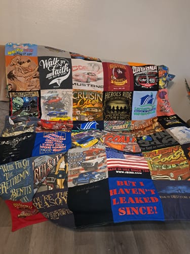 T-shirt quilt with cars, motorcycles themes by KAREN from LA