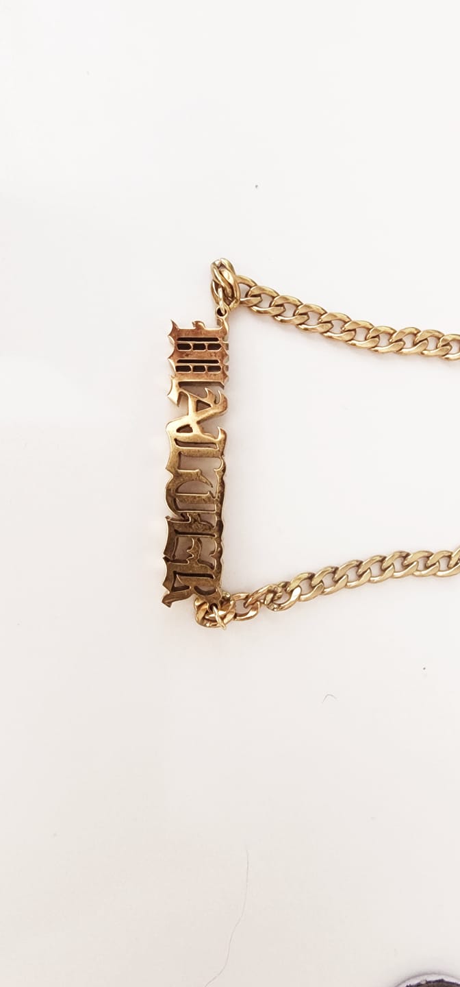 Customer photo review of Thick Gothic Nameplate Necklace w/ Cuban Chain