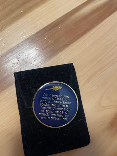 Customer photo review of 25 Year Rocketed to 4th Dimension Specialty AA Recovery Medallion - Tri-Plated Twenty-Five Year Chip/Coin - Blue