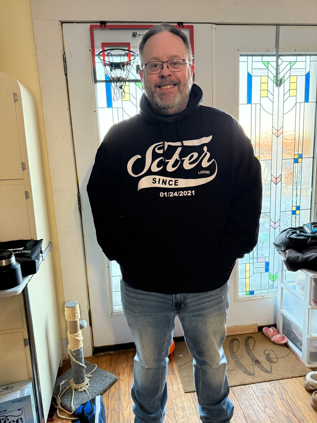 Customer photo review of Men's Sober Since Hoodie w/ Personalized Sobriety Date