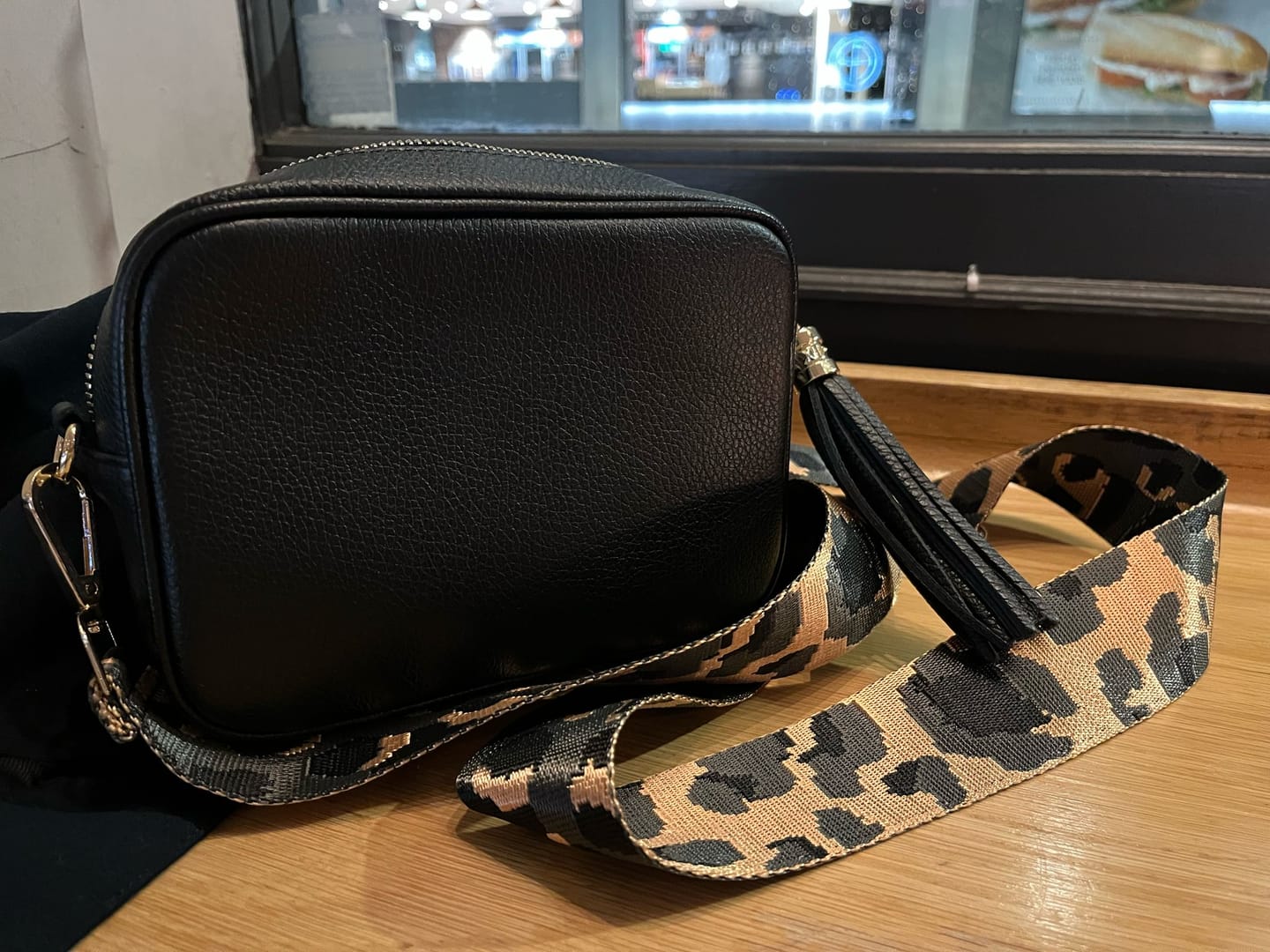 Customer photo review of Verona Crossbody Tassel Black Bag with Dark Leopard Strap