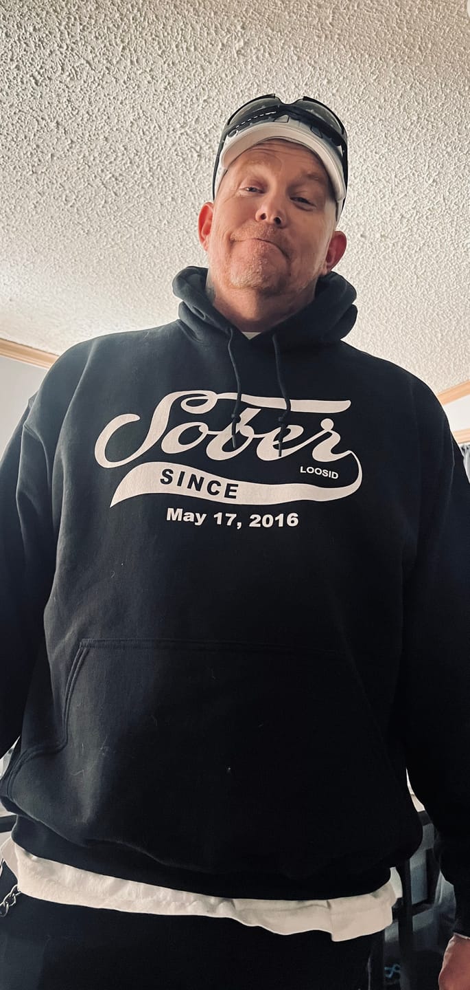 Customer photo review of Men's Sober Since Hoodie w/ Personalized Sobriety Date