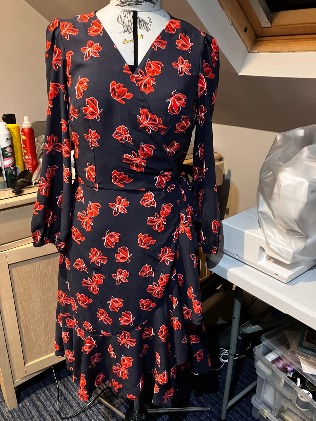Customer photo review of Red Floral on Navy Viscose Challis Fabric