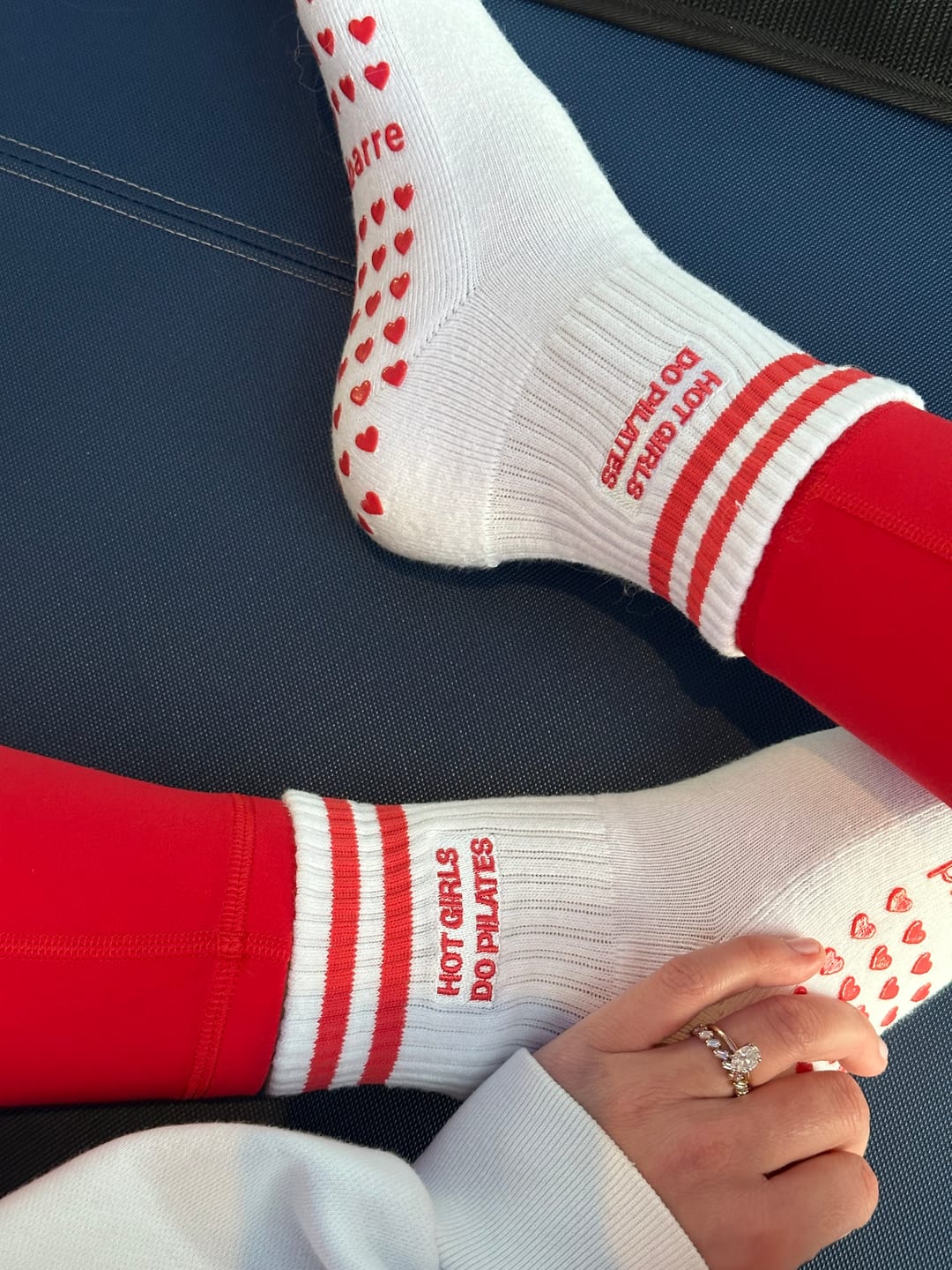 Customer photo review of Hot Girls Do PILATES Socks - WHITE/RED