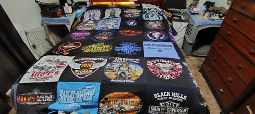 T-shirt quilt with motorcycles, biking themes by Janet from TX