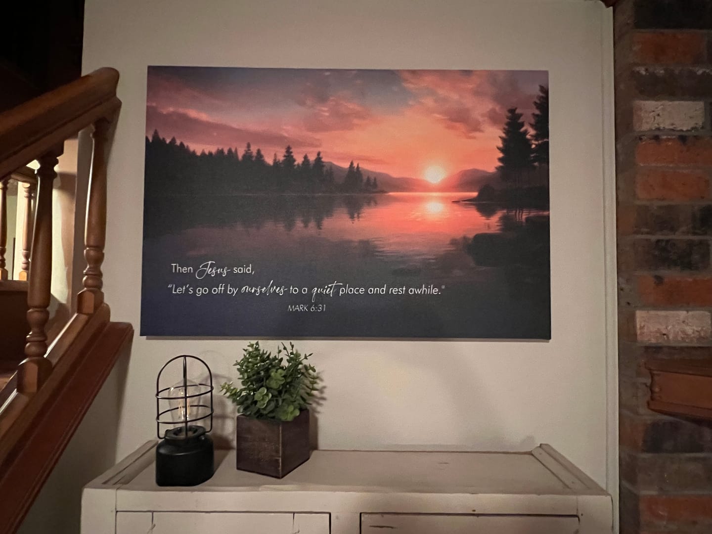 Customer photo review of Let’s Go Off By Ourselves To A Quiet Place And Rest Awhile Mark 6:31 Canvas Wall Art