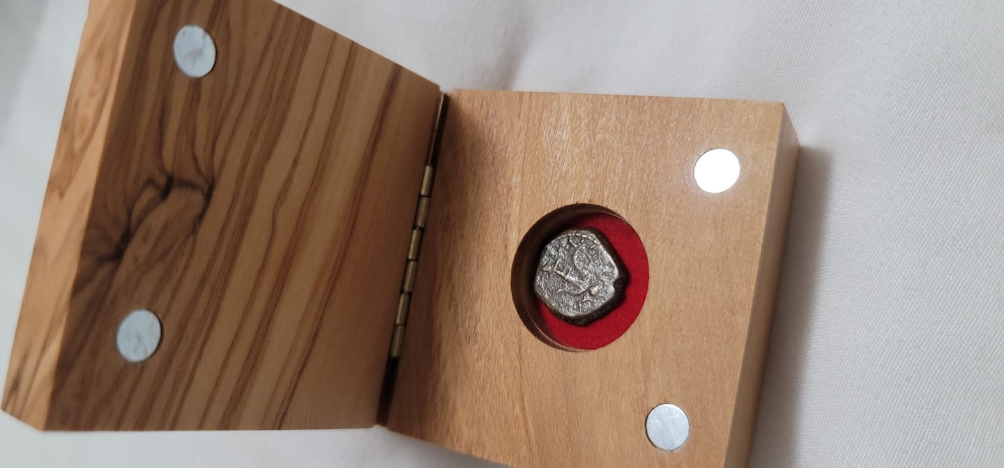 Customer photo review of Widows Mite Coin in Olive Wood Box, Ancient Alexander Janneus Prutah Coin