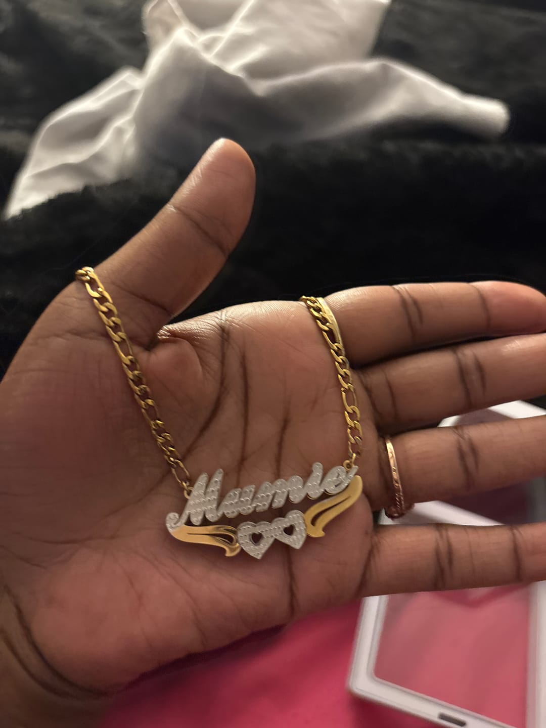 Customer photo review of Kids Double Plated Hearts Name Necklace w/ Figaro Chain