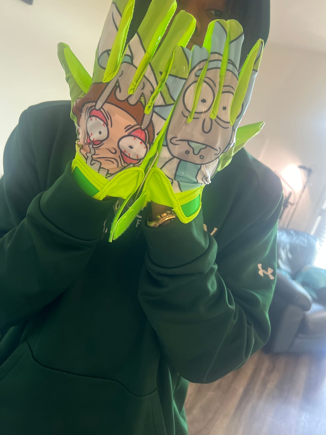 Customer photo review of Rick and Morty Football Gloves - VPS1 by Phenom Elite