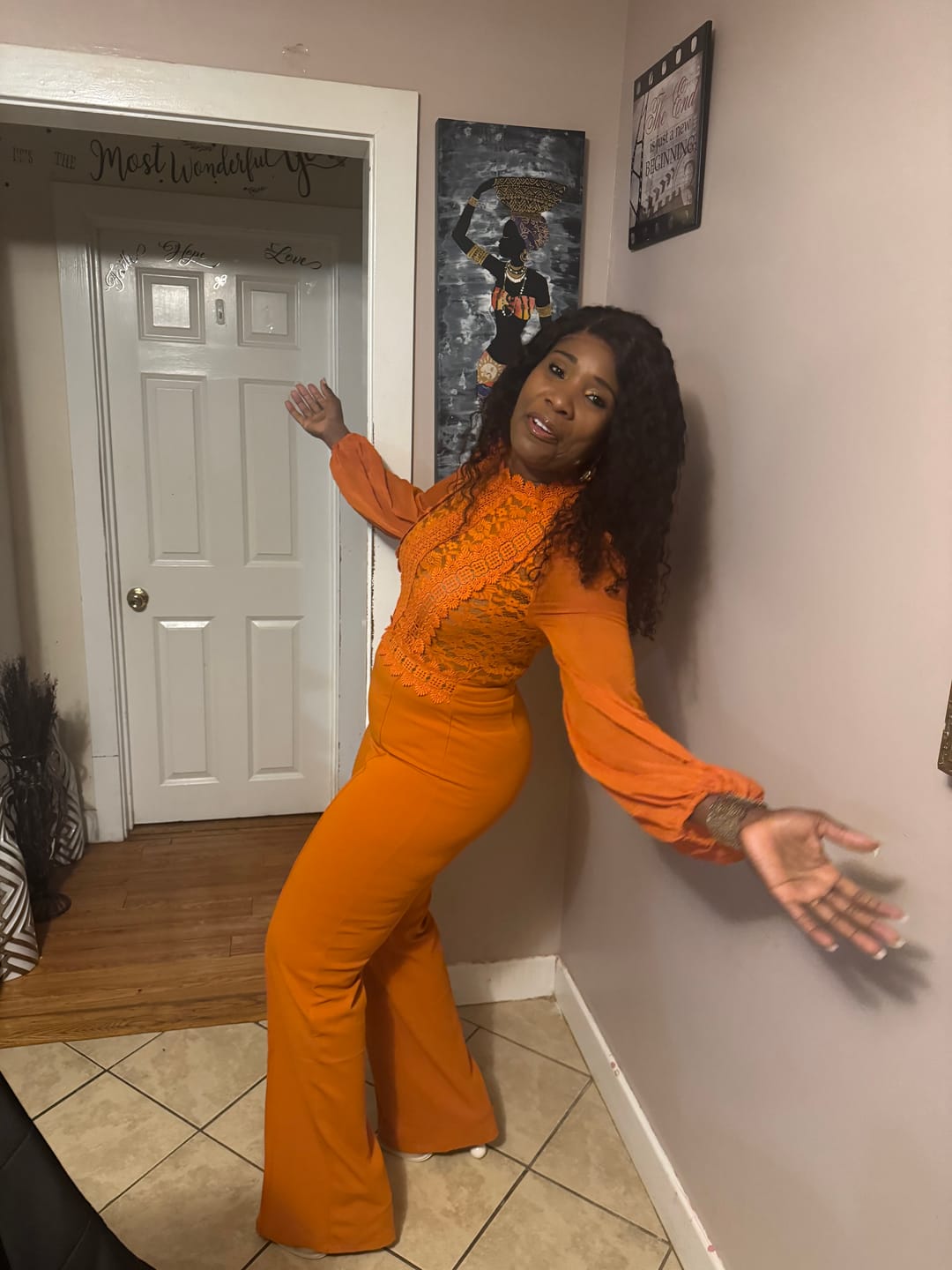 Customer photo review of Nerine Crochet Lace Mesh Jumpsuit - Cognac Brown