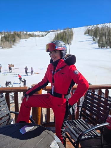 Customer photo review of Women's Minimalist Faux Fur Red Down One-piece Ski Suits