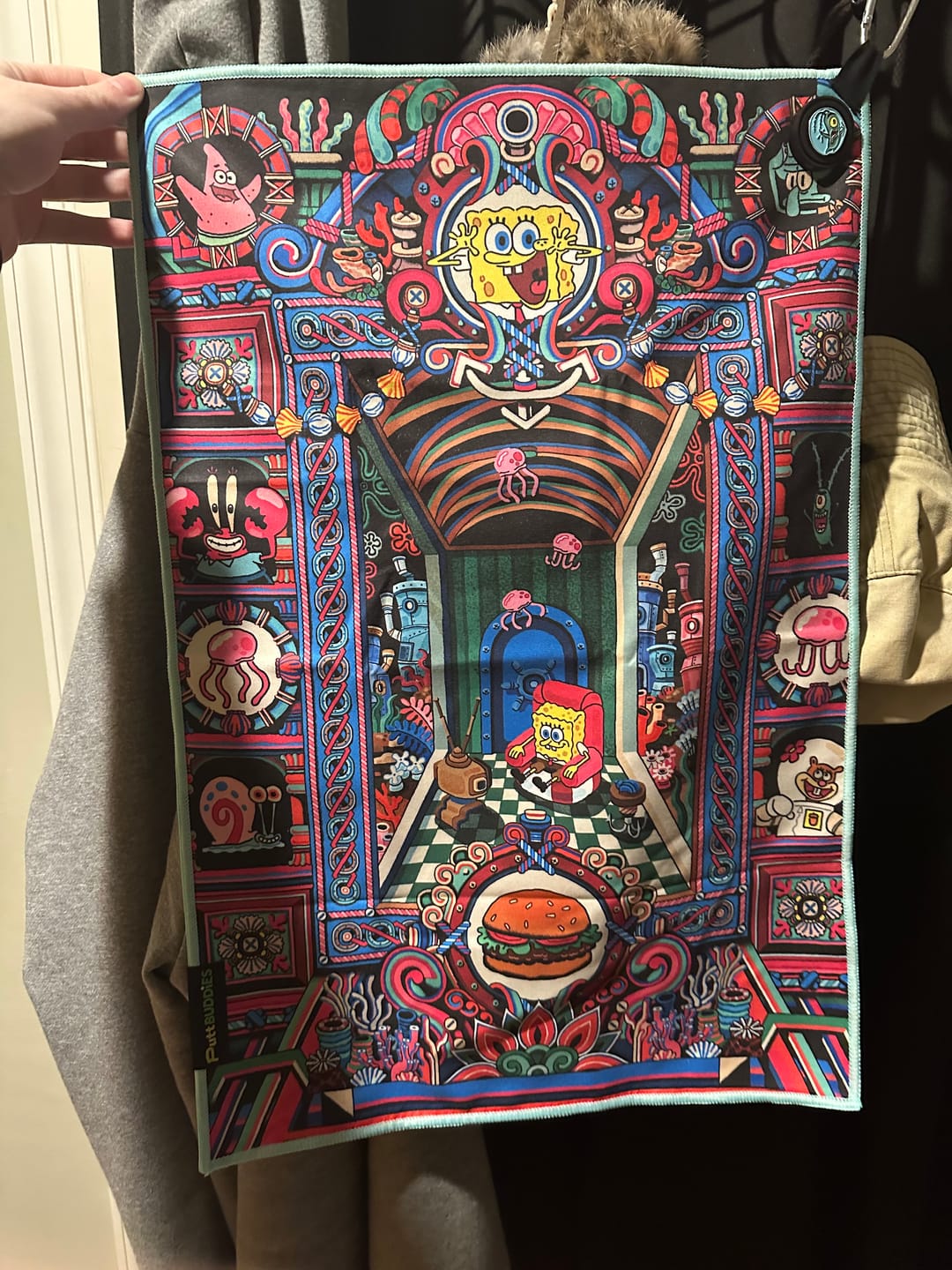 Customer photo review of [Magnetic] 'Holy Krabby Patties' Golf Towel w/ attachable Plankton ball marker