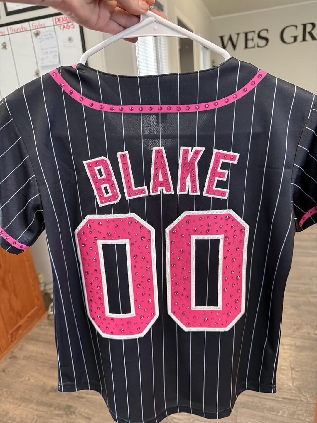 Customer photo review of Custom Black Pink-Powder Blue Stripe Fashion Authentic Baseball Jersey