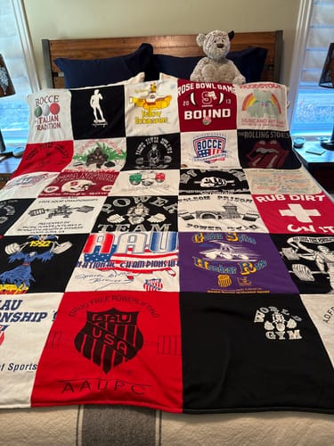 T-shirt quilt with bocce, sports themes by Nancy from ID