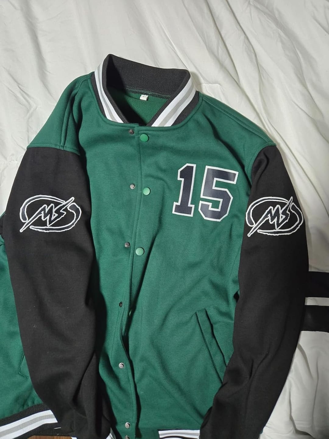 Customer photo review of Custom Stitched Varsity Raglan Sleeves Letterman Baseball Jacket