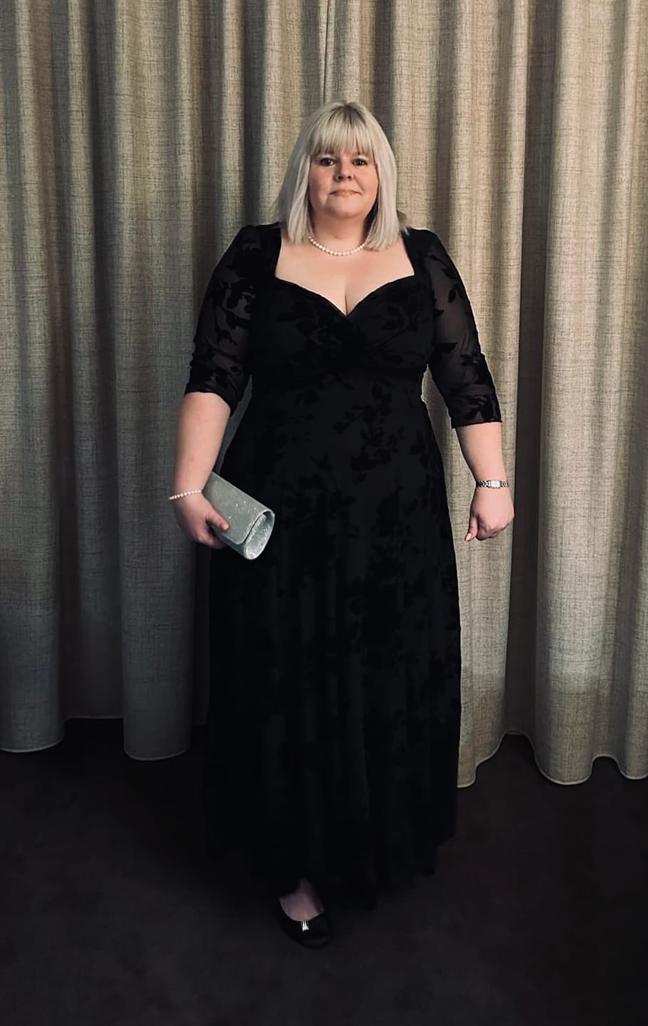 Customer photo review of Elizabeth Floral Velvet Flocked Mesh Maxi Gown
