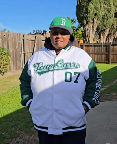 Customer photo review of Custom White Green-White Raglan Sleeves Varsity Full-Snap Letterman Jacket