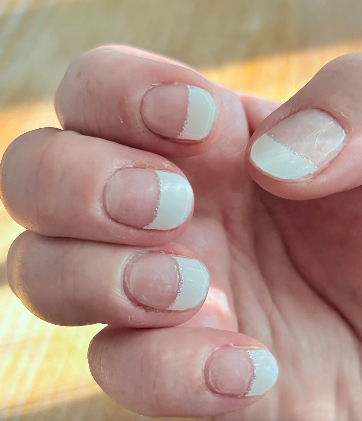 Customer photo review of White French Tip Glitter DIY Semicured Gel Nail Sticker Kit