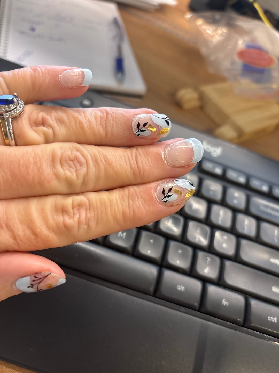 Customer photo review of Blue Floral Daze DIY Semicured Gel Nail Sticker Kit