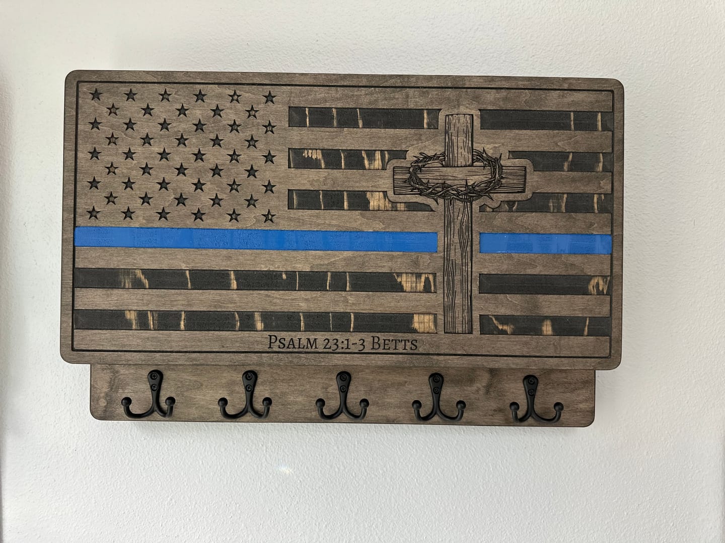 Customer photo review of PERSONALIZABLE THIN BLUE LINE FLAG