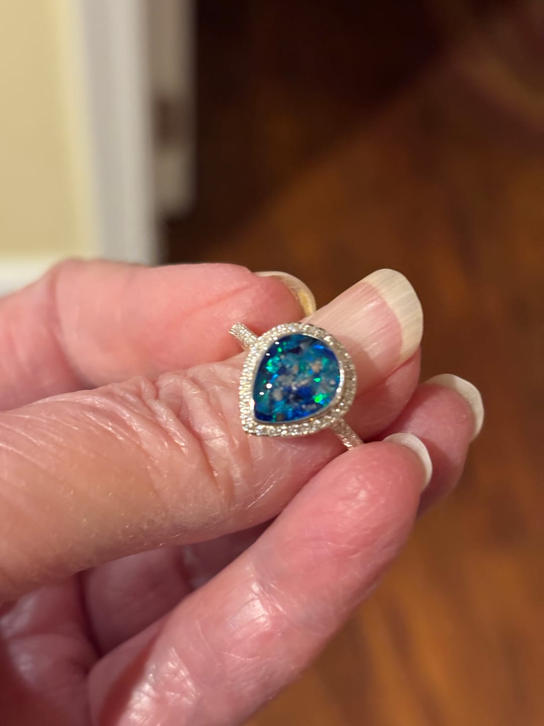 Customer photo review of Bedazzled Pear Opal Ring with Cremation Ashes