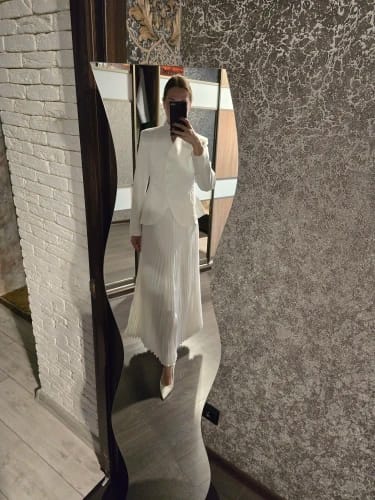 Customer photo review of Polyester Two-Piece Set Stand Collar Long Sleeve Top — Cream Ivory | KIMLUD