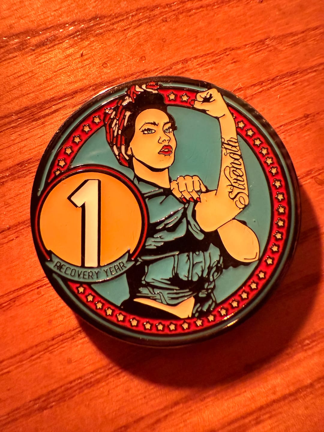 Customer photo review of Rosie Recovery Strength 1 Year AA/NA Medallion - Tri-Plate One Year Chip/Coin