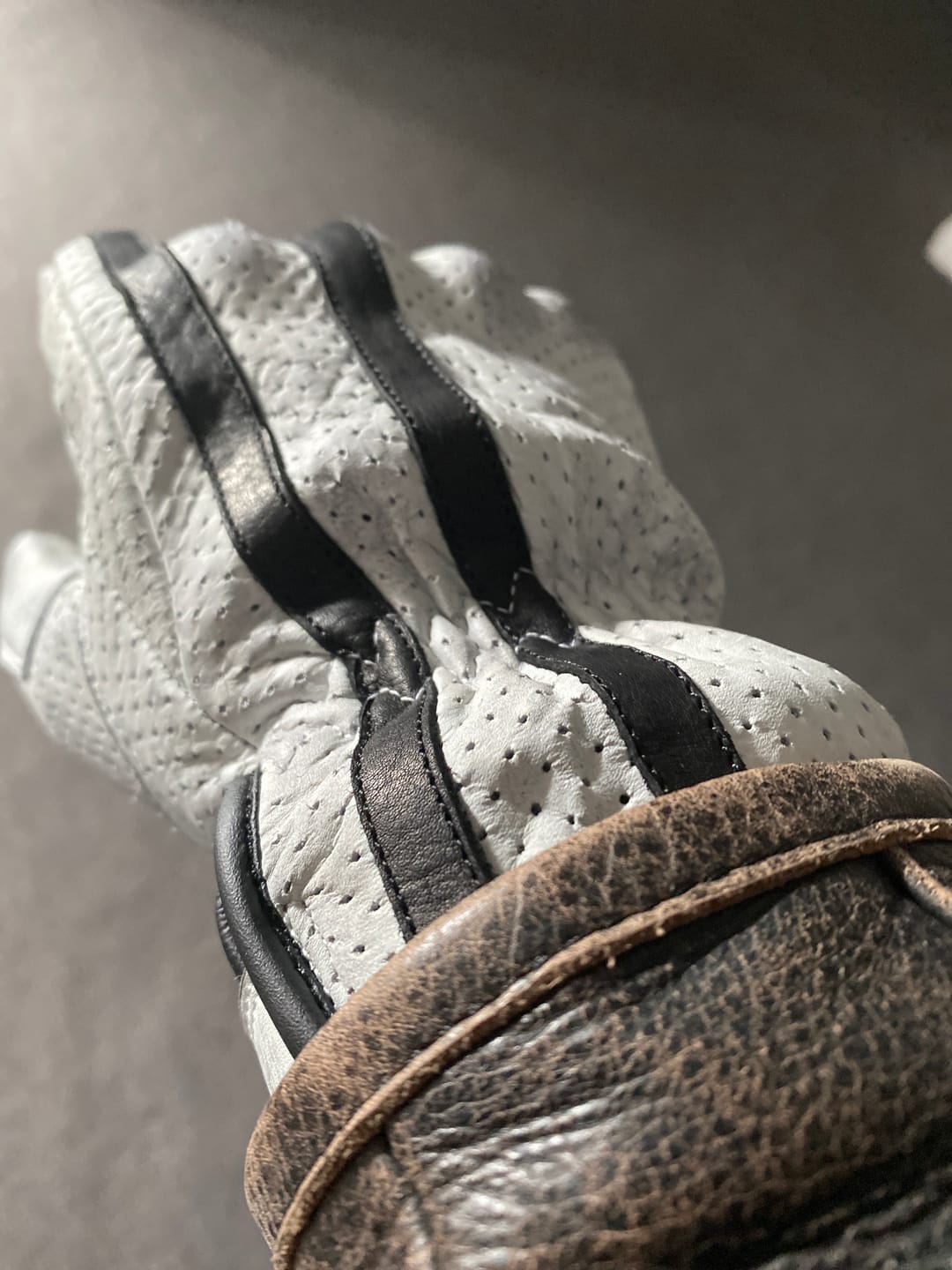 Customer photo review of *NEW* 'Racer' Gloves | Retro Motorbike Gauntlet Gloves | Perforated White Leather