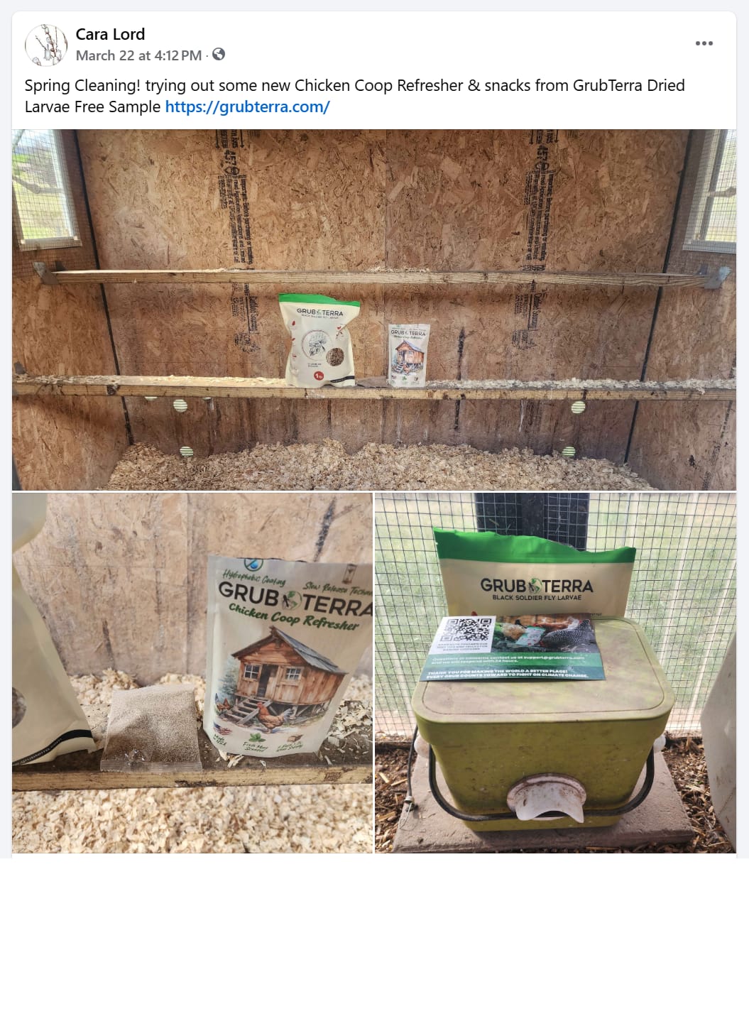Customer photo review of GrubTerra Coop Refresher. Keeps The Coop Smelling Fresh For Longer!