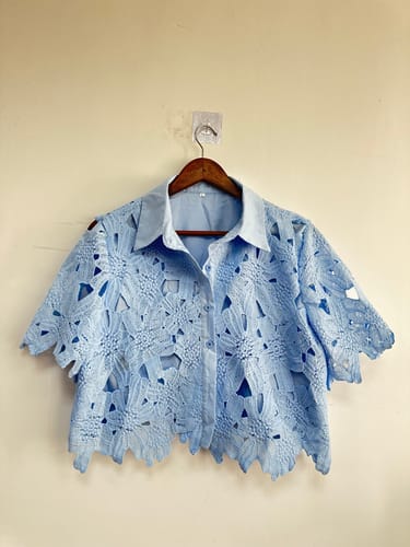 Customer photo review of Redefining Elegance Floral Lace Cropped Shirt and Belt Pocketed Wide Leg Pants Set