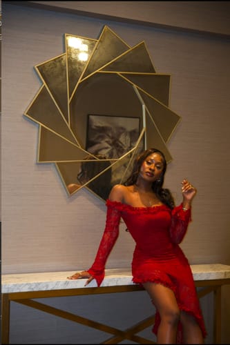 Customer photo review of Serenity Lace Off Shoulder Maxi Dress