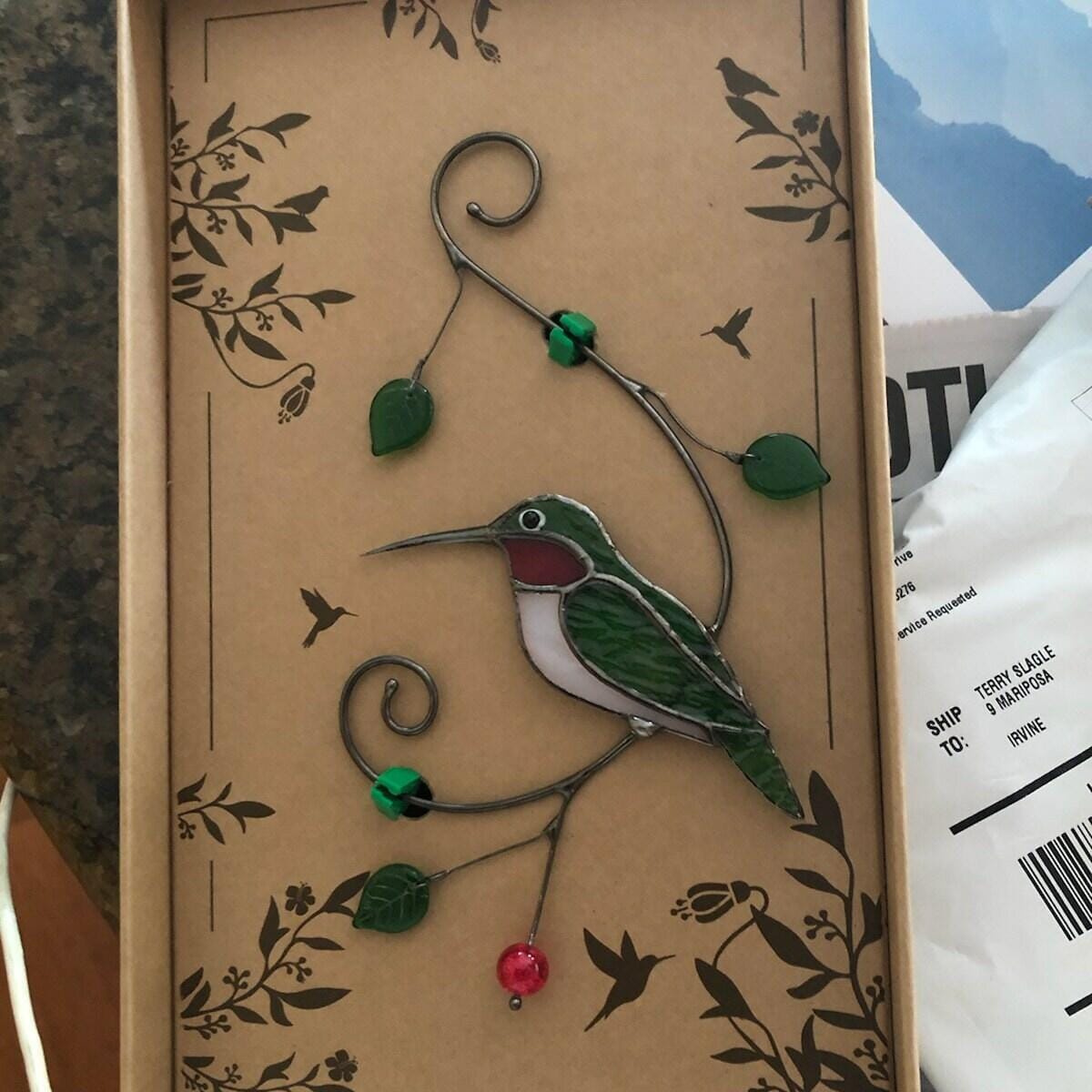 Customer photo review of Green Ruby-throated Hummingbird window hanging
