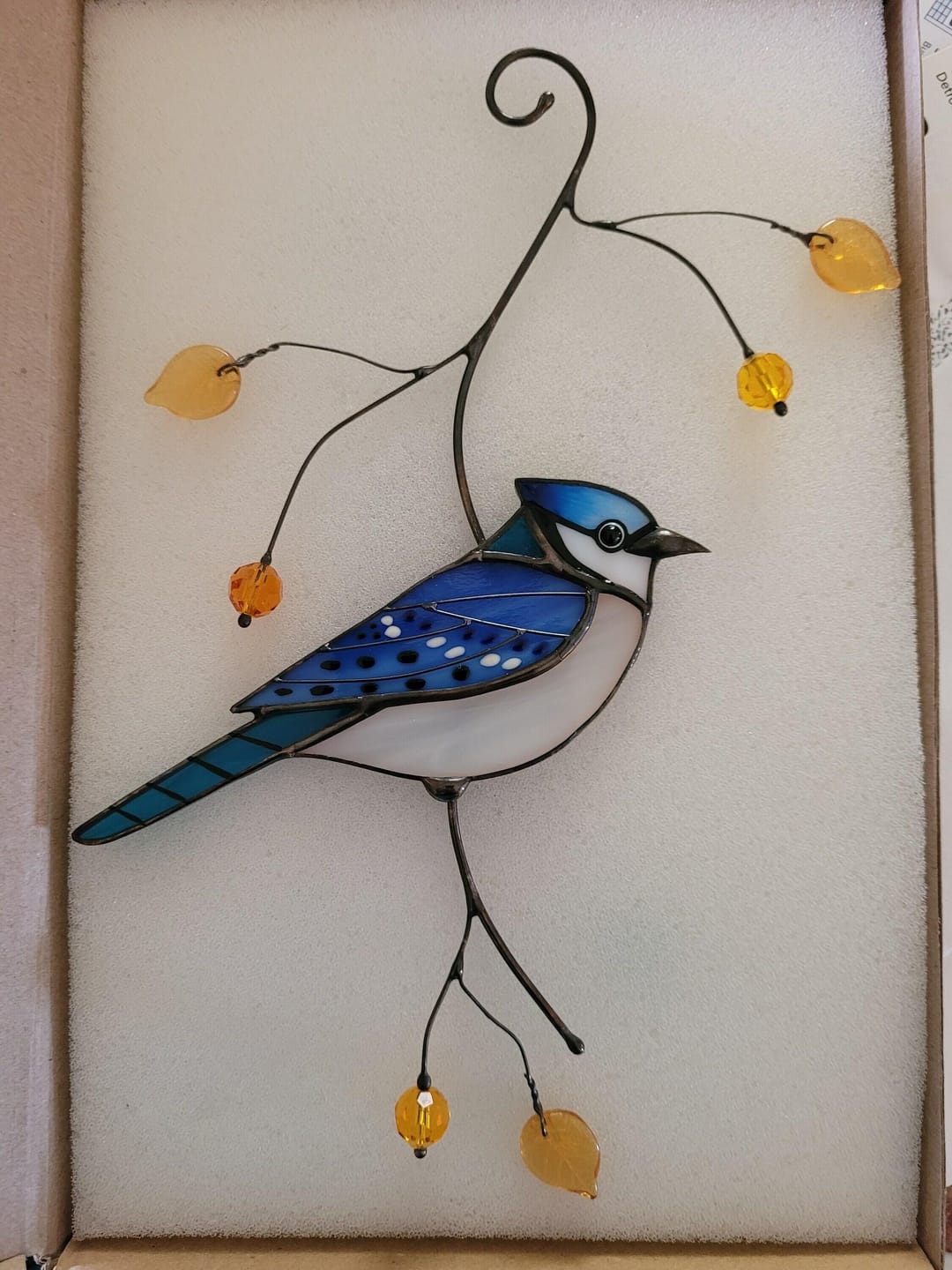 Customer photo review of Blue Jay stained glass bird realistic on a branch