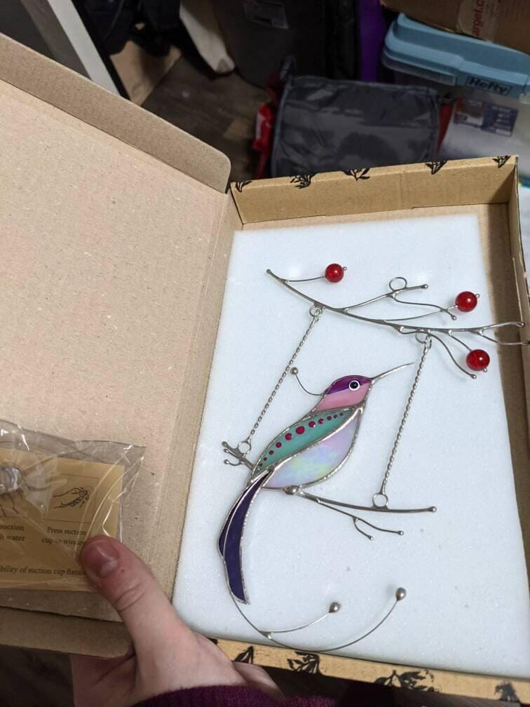 Customer photo review of Purple Hummingbird Suncatcher