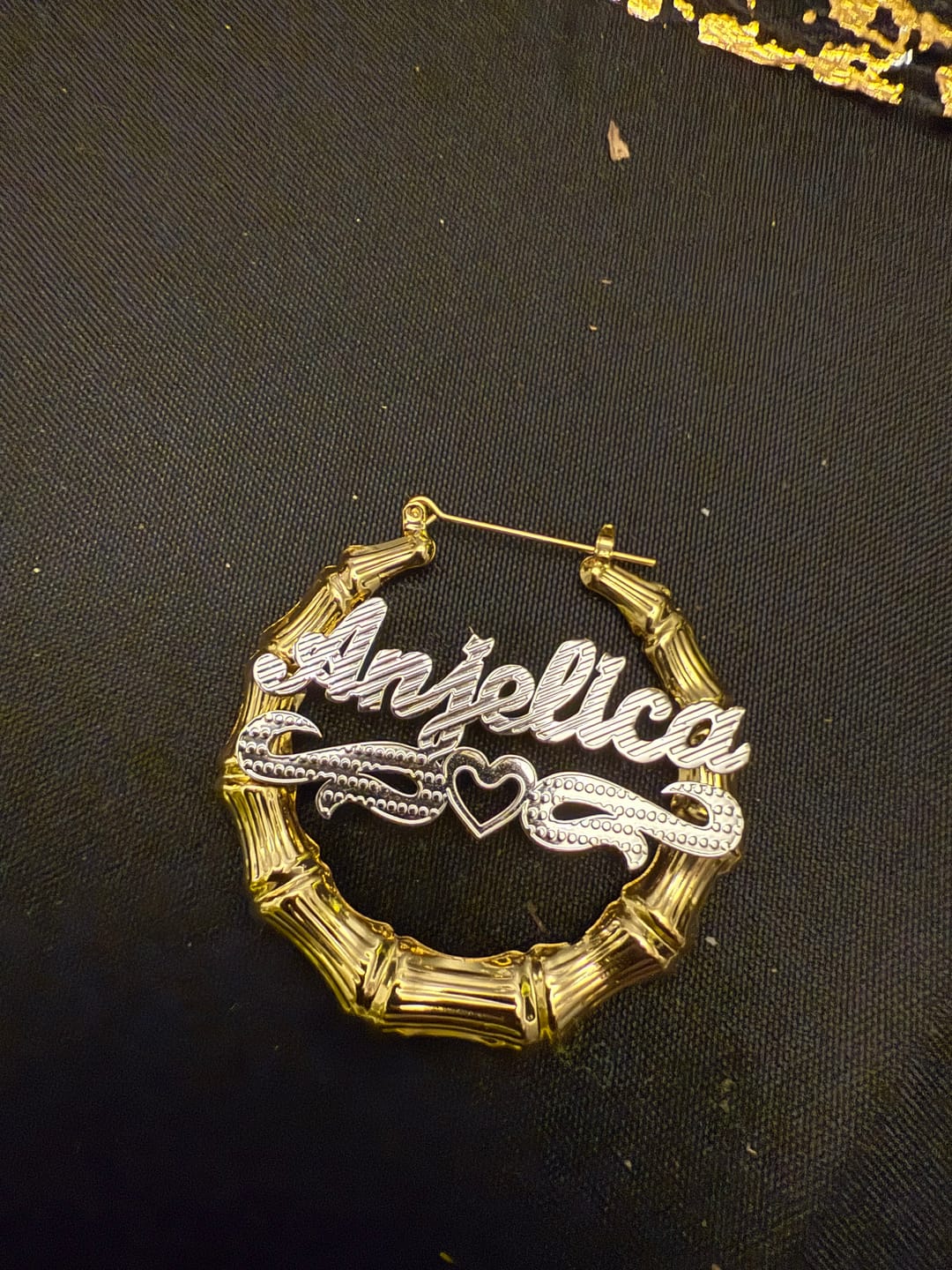 Customer photo review of Double Plated Heart Outline Bamboo Name Hoop Earrings