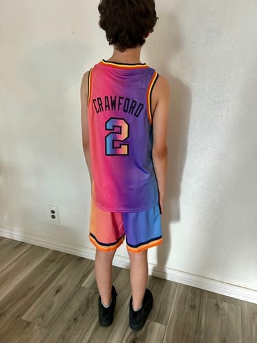 Customer photo review of Custom Black White Red Star Graffiti Pattern Double Side Sets Basketball Uniform