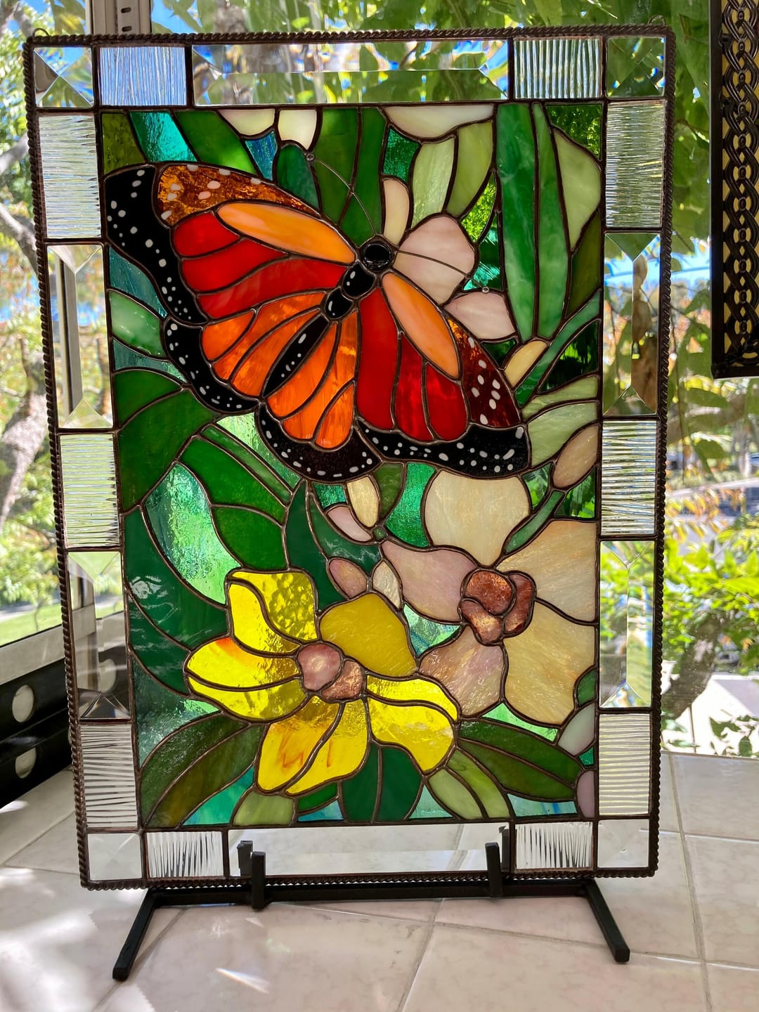 Customer photo review of Flowers stained glass panel Monarch Butterfly with Orchids