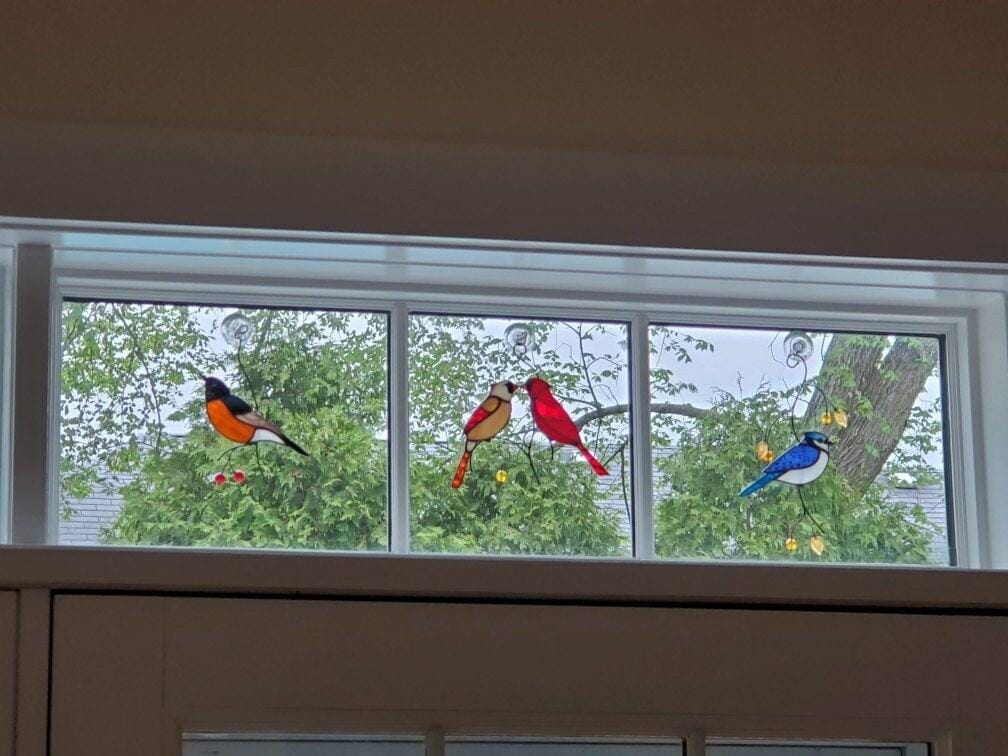 Customer photo review of Blue Jay stained glass bird realistic on a branch