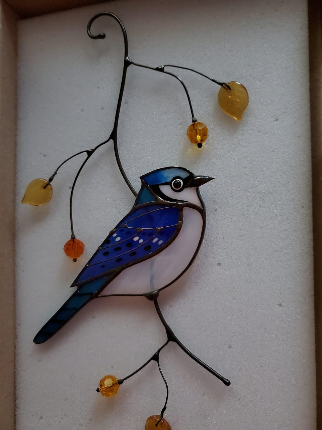 Customer photo review of Blue Jay stained glass bird realistic on a branch