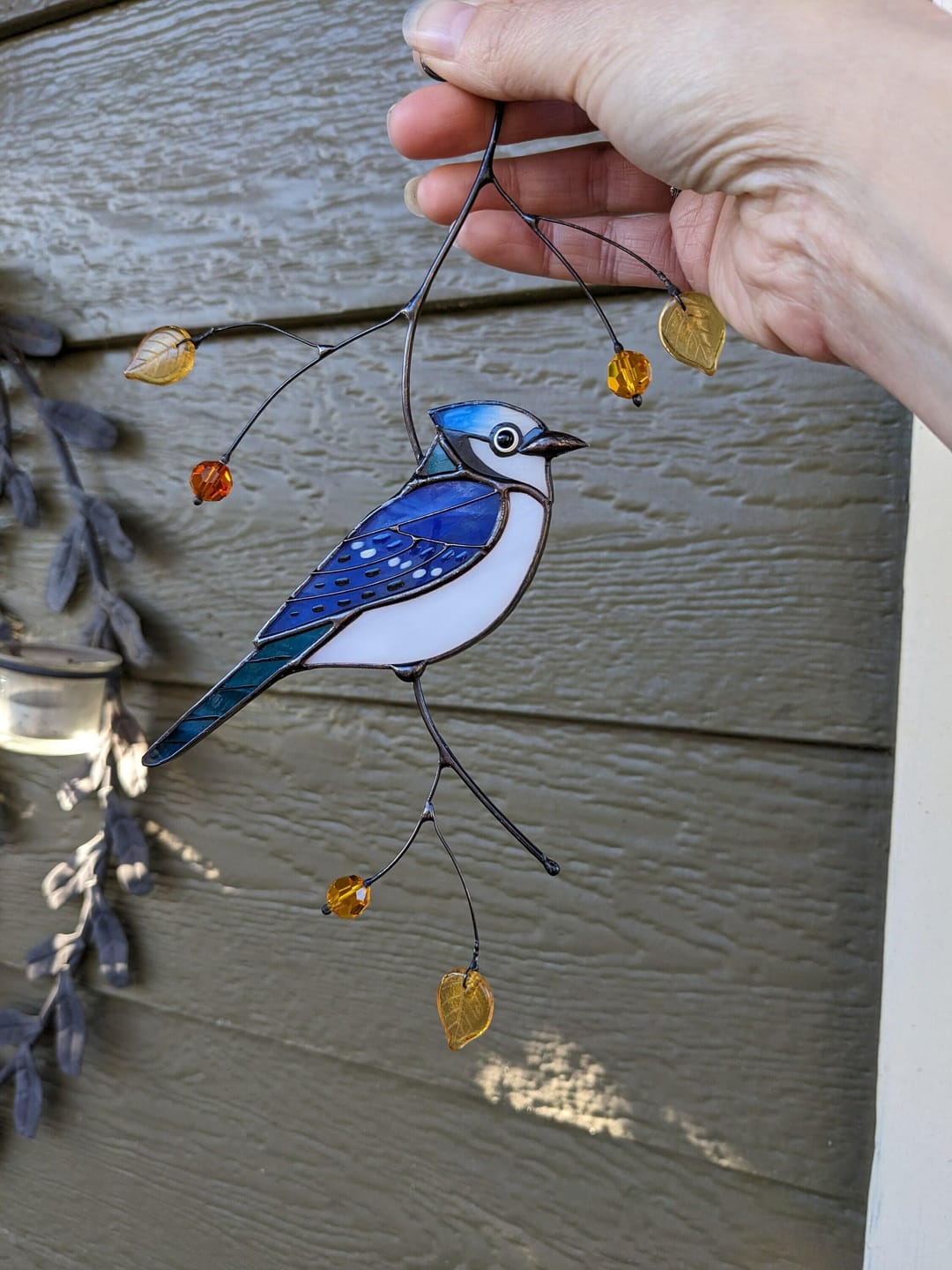 Customer photo review of Blue Jay stained glass bird realistic on a branch