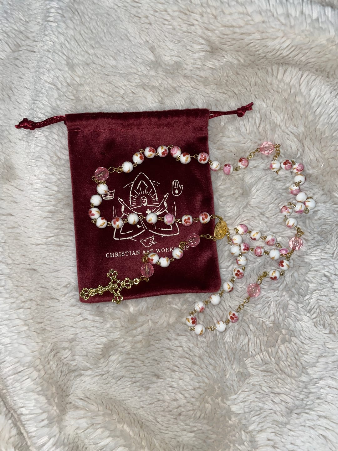 Customer photo review of FREE Today: Miraculous Medal & Crucifix of 8 mm Round Floral Pink Ceramic Alloy Chain Rosary