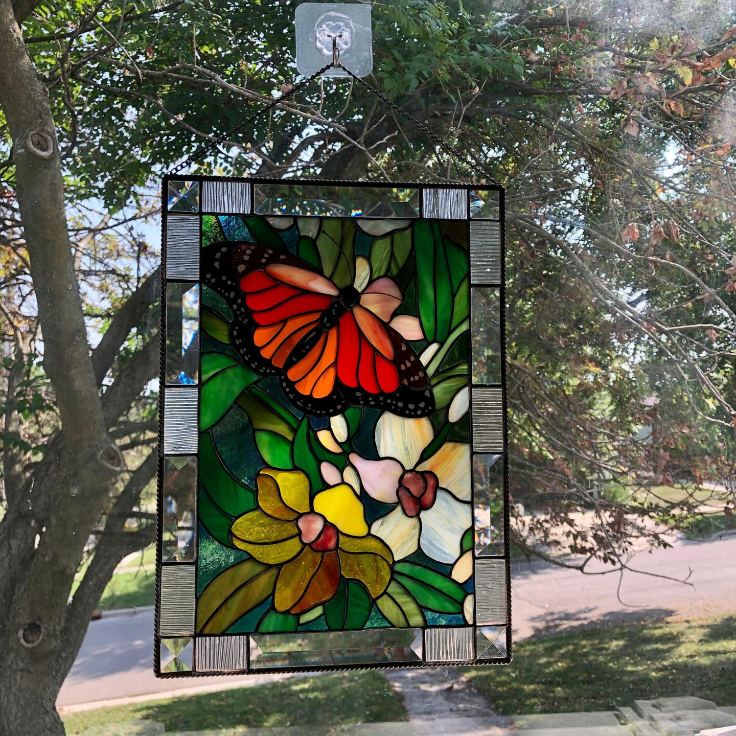 Customer photo review of Flowers stained glass panel Monarch Butterfly with Orchids