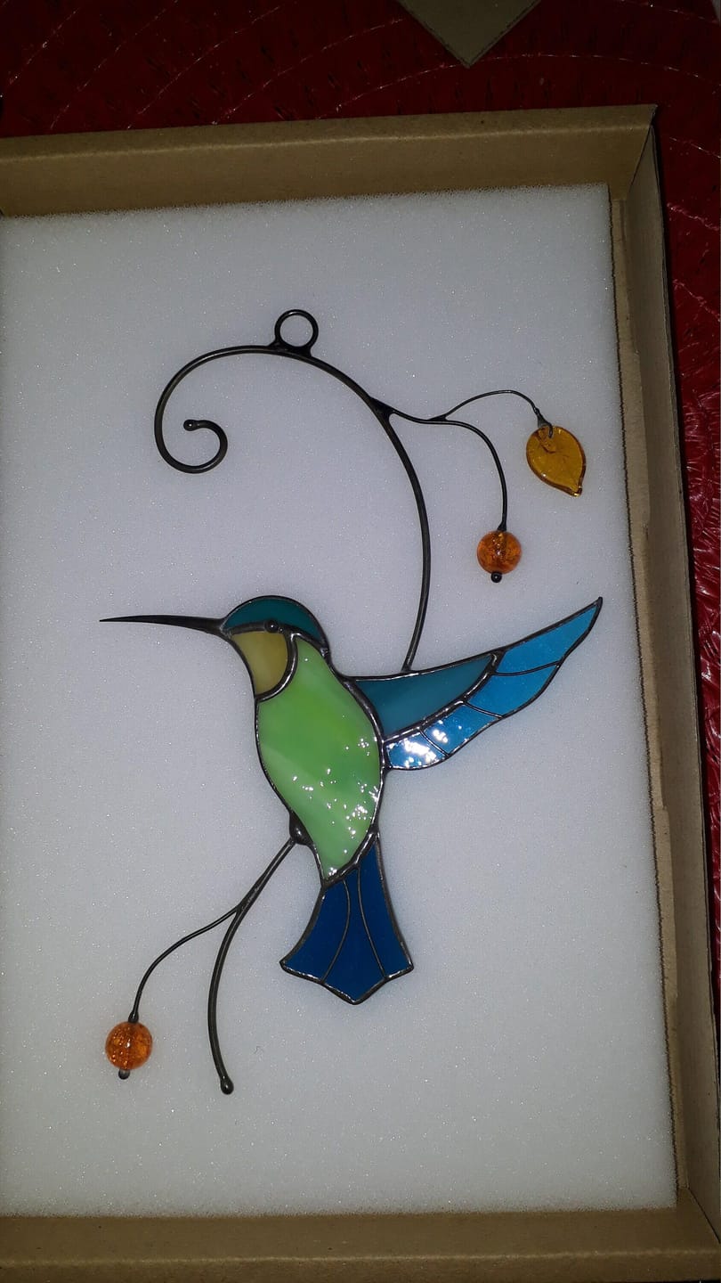 Customer photo review of Hummingbird Taking Off from a Branch suncatcher