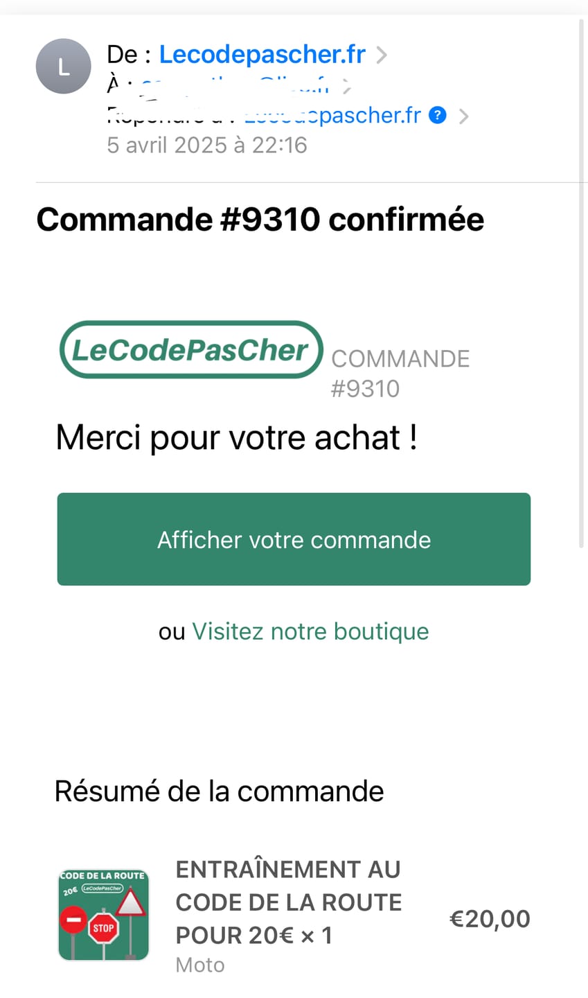 Customer photo review of ENTRAÎNEMENT AU CODE DE LA ROUTE POUR 20€