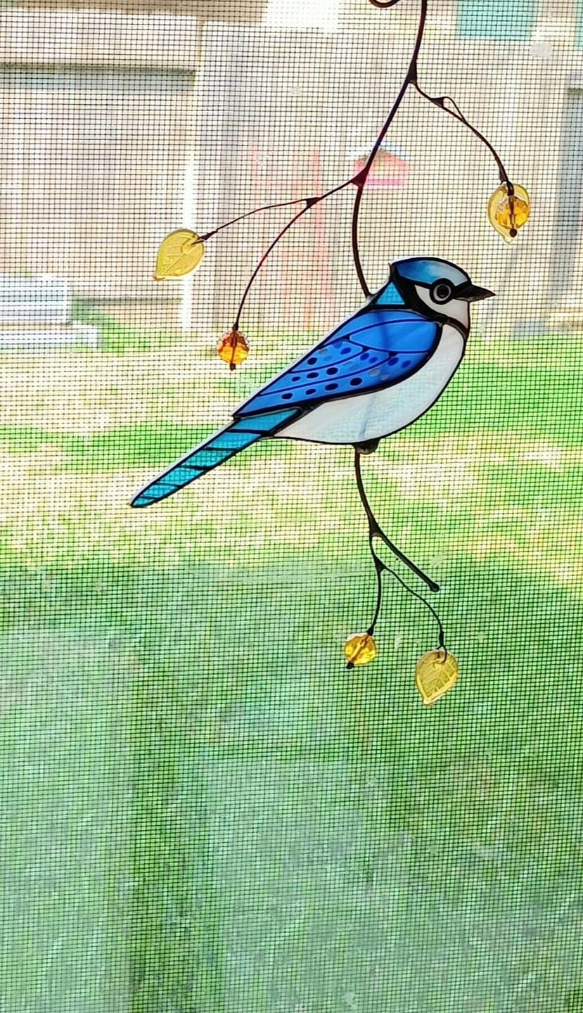 Customer photo review of Blue Jay stained glass bird realistic on a branch